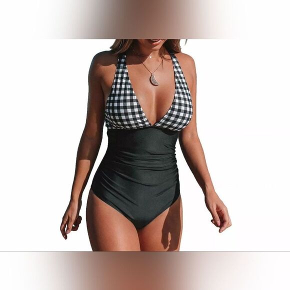 Cupshe L Women's Gingham Ruched Criss-Cross Back One Piece Swimsuit Black White - Picture 1 of 10